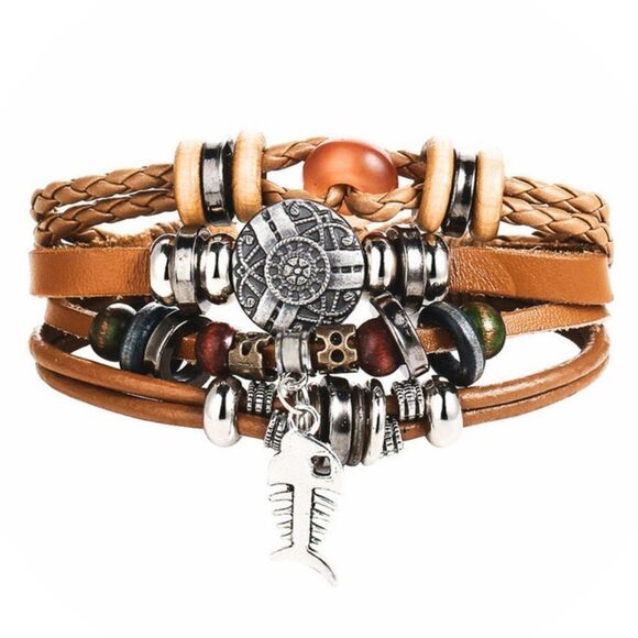 Punk Fishbone Brown Multi-layer Leather Bracelet - Picture 1 of 2